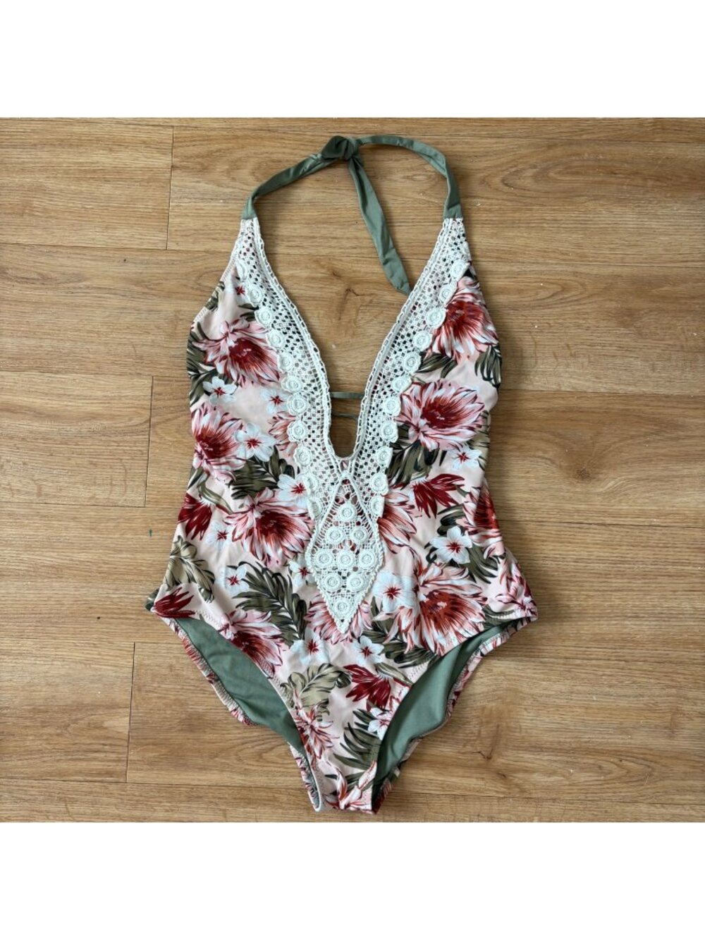 Kona Sol Halter Deep Plunge Crochet One Piece Swimsuit Floral Green Size L